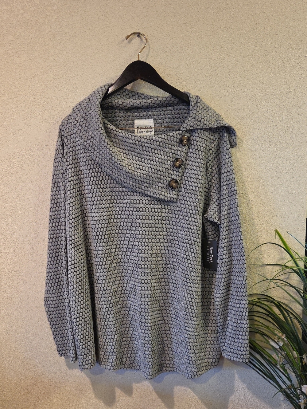 New York Laundry Gray Button-Accented Cowl Neck Sweater Size 1X